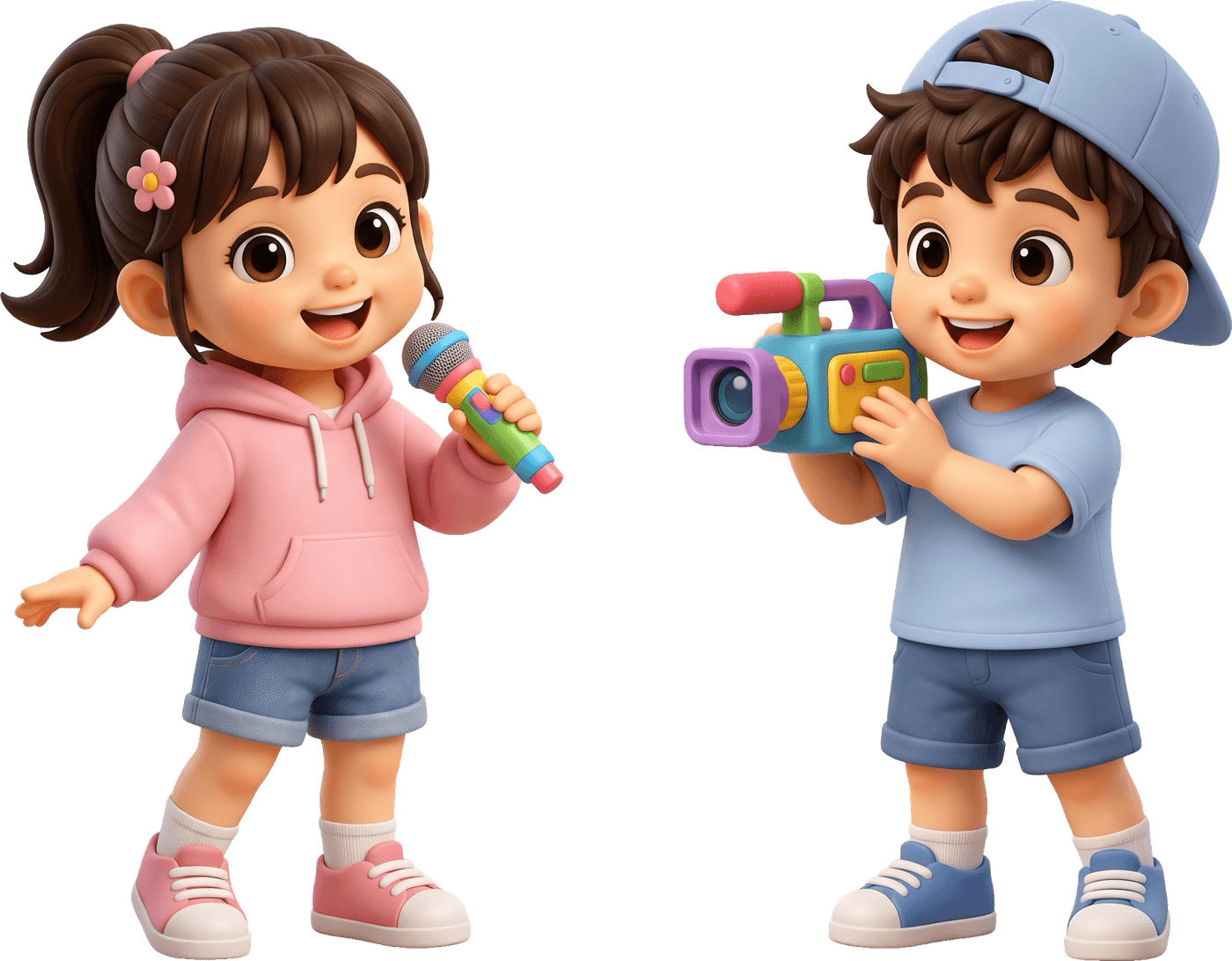 Xíu holding a microphone, Xôi filming